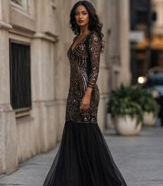 Vestido de Gala Negro con Lentejuelas Doradas y Escote en V