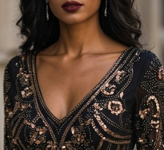 Vestido de Gala Negro con Lentejuelas Doradas y Escote en V