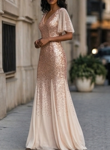 Vestido de Gala Ombré de Lentejuelas Oro Rosa