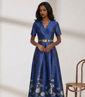 Vestido Midi de Jacquard Azul Noche con Estampado Floral y Cinturón Metálico