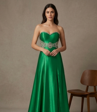 Espectacular Vestido de Gala de Sirena en Satén Verde Esmeralda con Corset de Cristales y Abertura