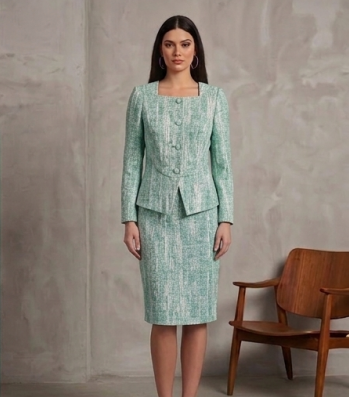 Elegante Traje de Dos Piezas en Tweed Verde Salvia con Acabado Marmolado y Corte Ejecutivo
