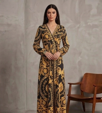 Maxivestido de Gala "Barroco Imperial" en Negro y Dorado con Escote Cruzado