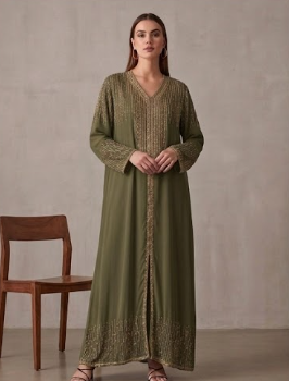 Abaya de Lujo "Lluvia de Oro" Perla con Pedrería Vertical