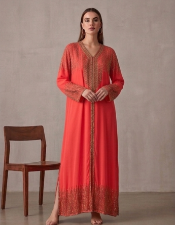 Abaya de Lujo "Lluvia de Oro" Perla con Pedrería Vertical