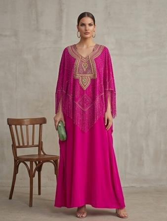 Kaftán Real "Fucsia Imperial" en Crepé con Pechera de Cristales y Bordados Étnicos