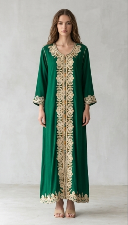 Elegante Kaftán Verde Esmeralda con Intrincado Bordado Dorado en Collage de Vistas Múltiples