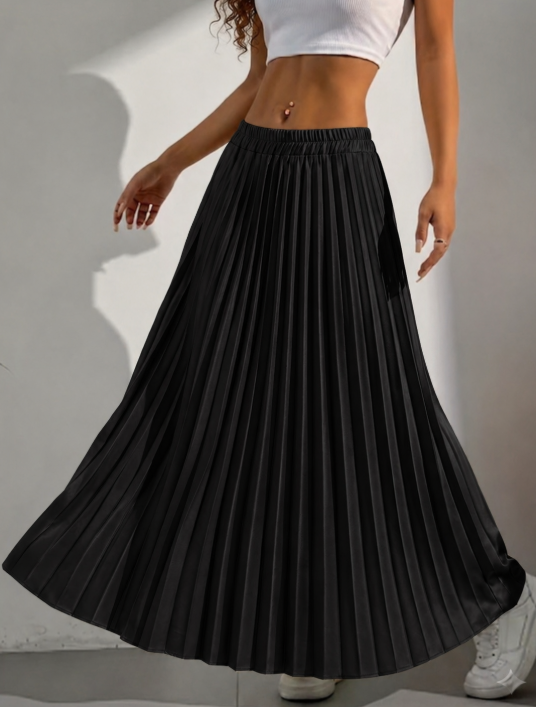 Falda Midi Plisada Satinada – Disponible en Dorado y Negro.
