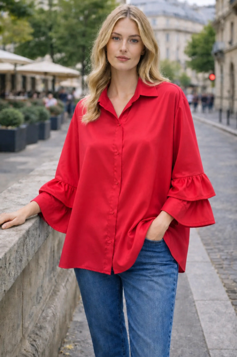 Blusa Maxi Vibrante – Detalle de Volantes en Puños.