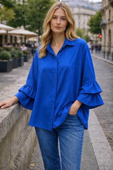 Blusa Maxi Vibrante – Detalle de Volantes en Puños.