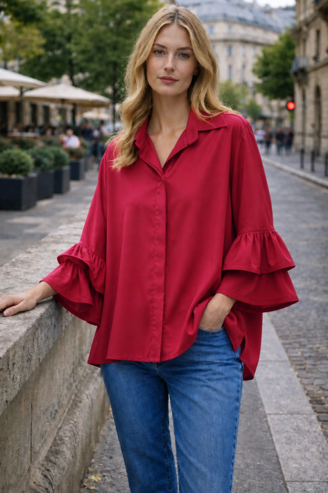 Blusa Maxi Vibrante – Detalle de Volantes en Puños.