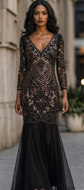 Vestido de Gala Negro con Lentejuelas Doradas y Escote en V