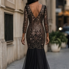 Vestido de Gala Negro con Lentejuelas Doradas y Escote en V