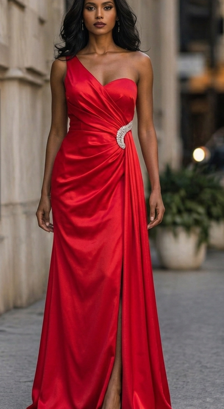 Vestido de Gala Satinado Rojo Carmesí con Broche de Cristales
