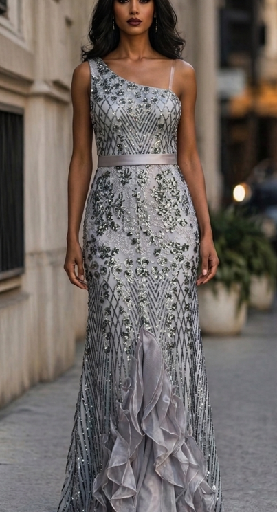Vestido de Gala Gris Plateado con Lentejuelas y Falda Rascacielos