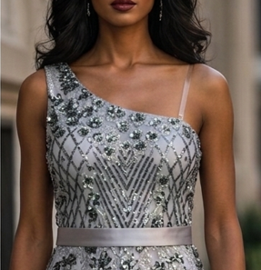 Vestido de Gala Gris Plateado con Lentejuelas y Falda Rascacielos