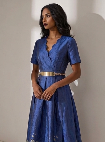 Vestido Midi de Jacquard Azul Noche con Estampado Floral y Cinturón Metálico