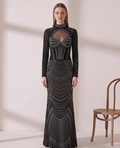 Vestido de Gala Negro Art Déco con Escote Cut-out y Tachuelas Plateadas