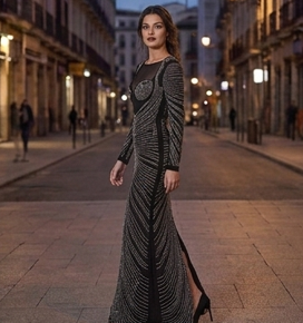 Vestido de Gala Negro Art Déco con Corpiño de Ilusión y Cristales