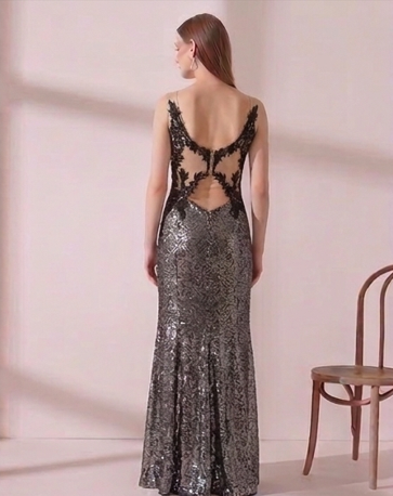Vestido de Gala "Destello de Medianoche" en Lentejuelas Gris Plomo y Encaje Artístico