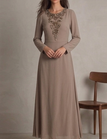 Vestido de Gala "Arena Imperial" en Crepé con Pechera y Puños Joya