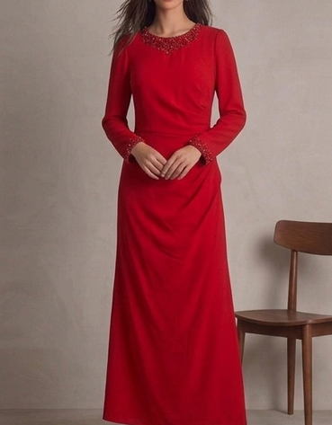 Vestido de Gala "Rojo Pasión" en Crepé con Cuello y Puños Joya