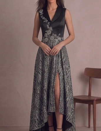 Elegante Vestido de Gala Bicolor con Cuerpo de Satén y Falda Asimétrica Texturizada