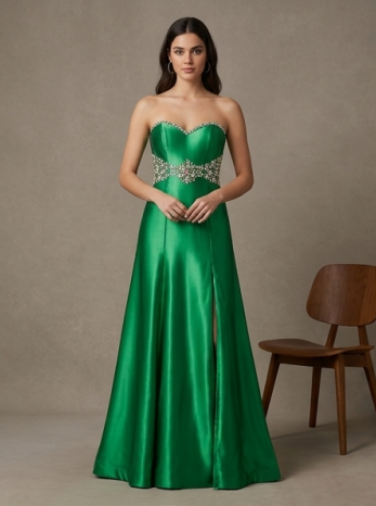 Espectacular Vestido de Gala de Sirena en Satén Verde Esmeralda con Corset de Cristales y Abertura