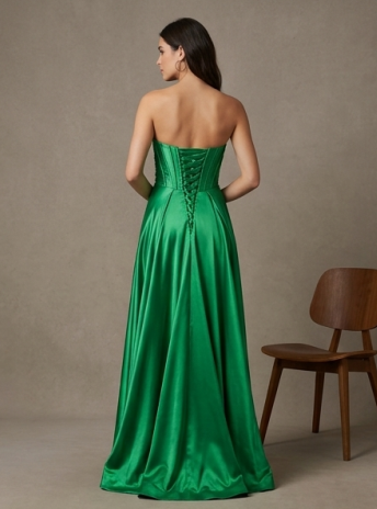 Espectacular Vestido de Gala de Sirena en Satén Verde Esmeralda con Corset de Cristales y Abertura