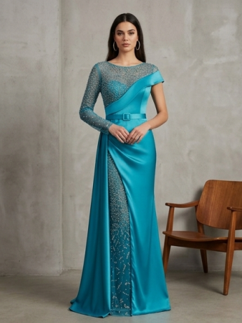 Espectacular Vestido de Gala Asimétrico de Sirena en Satén Turquesa con Corpiño de Ilusión y Panel de Cristales
