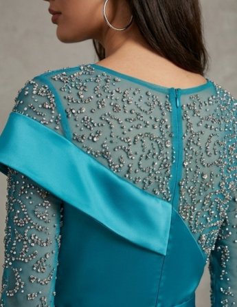 Espectacular Vestido de Gala Asimétrico de Sirena en Satén Turquesa con Corpiño de Ilusión y Panel de Cristales