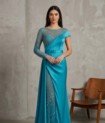 Espectacular Vestido de Gala Asimétrico de Sirena en Satén Turquesa con Corpiño de Ilusión y Panel de Cristales