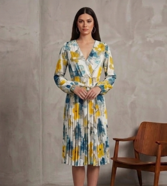 Vestido Midi Plisado con Estampado Floral Artístico y Escote Cruzado en V