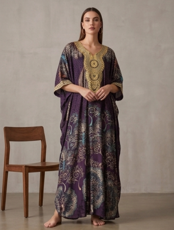 Elegante Maxivestido Satinado de Corte Cruzado con Estampado de Medallones Dorados y Azules