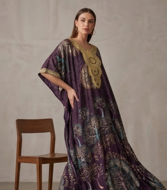 Elegante Maxivestido Satinado de Corte Cruzado con Estampado de Medallones Dorados y Azules