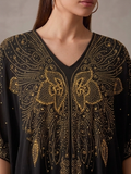 Abaya de Gala con Capucha "Estrella del Desierto" en Negro y Cristales Dorados