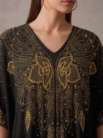 Abaya de Gala con Capucha "Estrella del Desierto" en Negro y Cristales Dorados