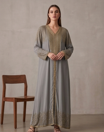 Abaya de Lujo "Lluvia de Oro" Perla con Pedrería Vertical
