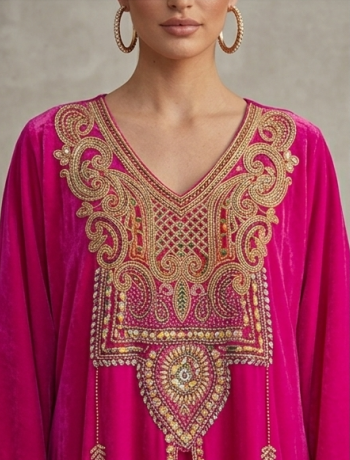Kaftán Real "Fucsia Imperial" en Crepé con Pechera de Cristales y Bordados Étnicos