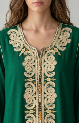 Elegante Kaftán Verde Esmeralda con Intrincado Bordado Dorado en Collage de Vistas Múltiples