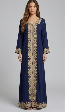 Elegante Kaftán Azul Marino con Bordado Ornamental y Detalles Turquesa
