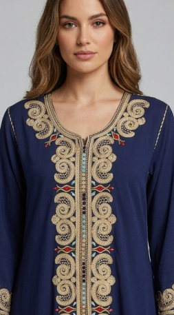 Elegante Kaftán Azul Marino con Bordado Ornamental y Detalles Turquesa