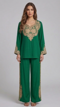Elegante Conjunto de Caftán Marroquí de Dos Piezas en Verde Esmeralda y Bordados Dorados