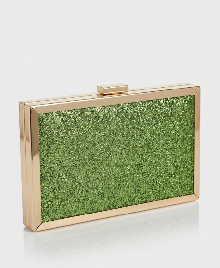 Bolso de Mano Metálico con Marco Dorado y Textura Glitter