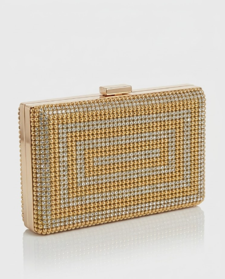 Bolso de Mano Rectangular con Malla de Pedrería en Oro y Plata