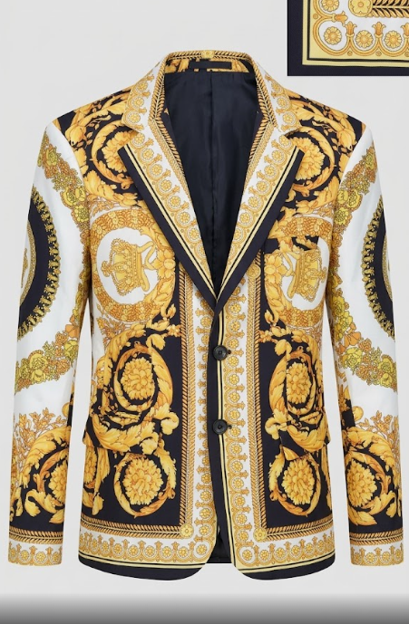 Blazer de Gala con Estampado Barroco en Oro, Blanco y Negro