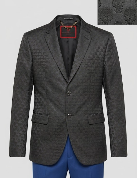 Blazer Philipp Plein "Skull Monogram" en Gris Antracita Satinado.