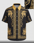 Camisa de Manga Corta Estilo Barroco en Negro y Dorado con Cuello en Contraste