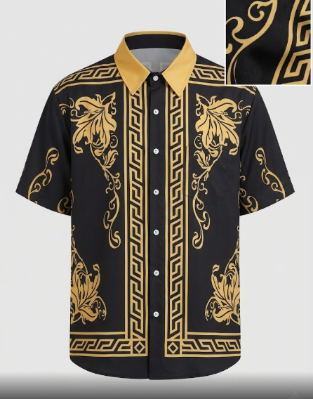 Camisa de Manga Corta Estilo Barroco en Negro y Dorado con Cuello en Contraste