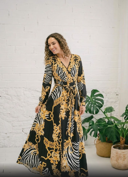 Maxi Vestido Cruzado con Estampado de Cadenas Oro y Zebra.